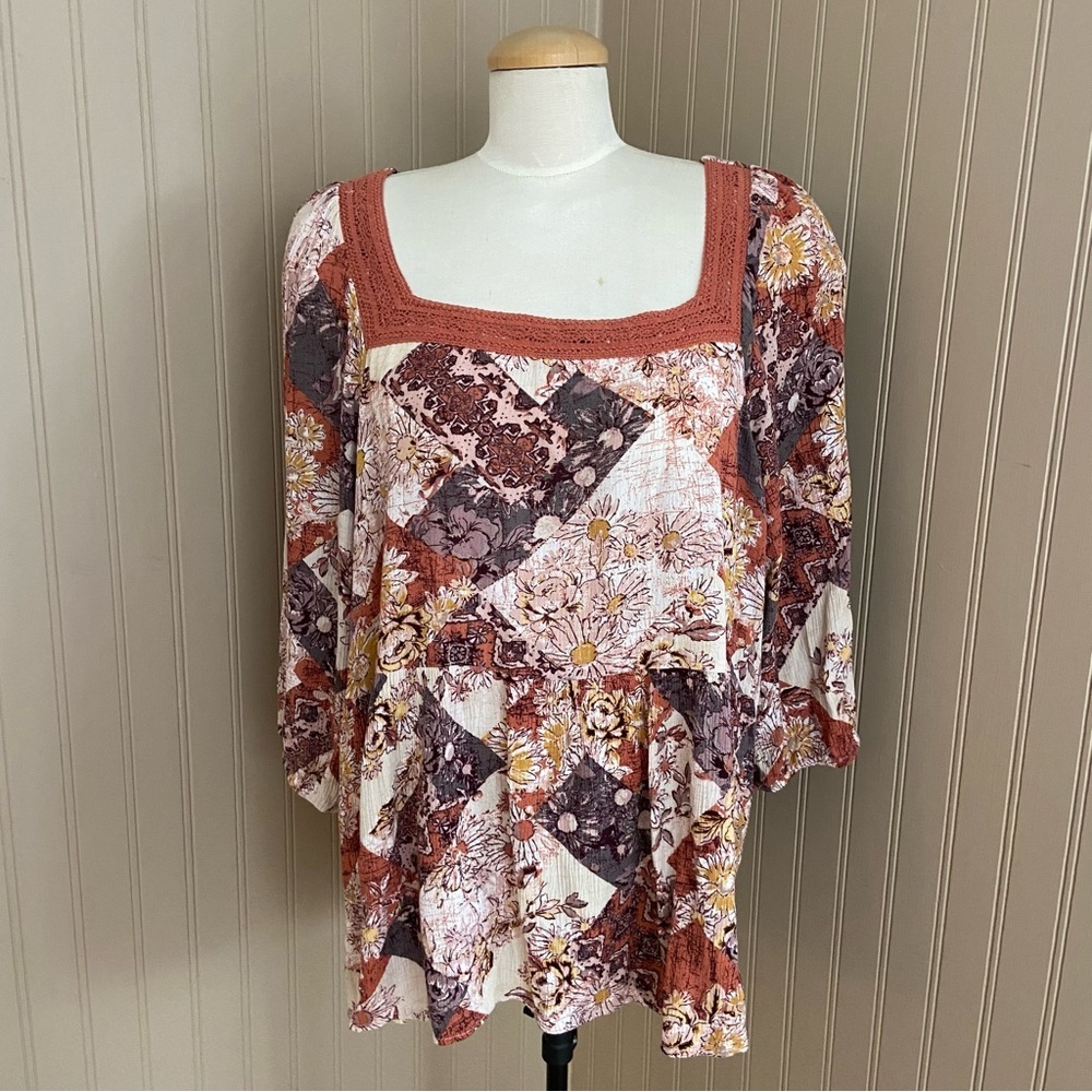Maurices Bohemian Floral Burnt Orange Patchwork Blouse Women’s 1X